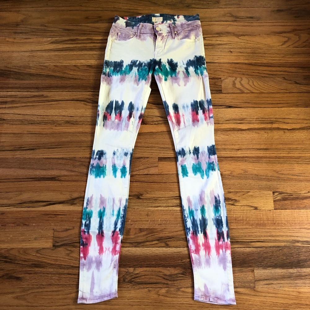 New MOTHER the looker skinny jeans tie dye cream ivory off white rainbow 24